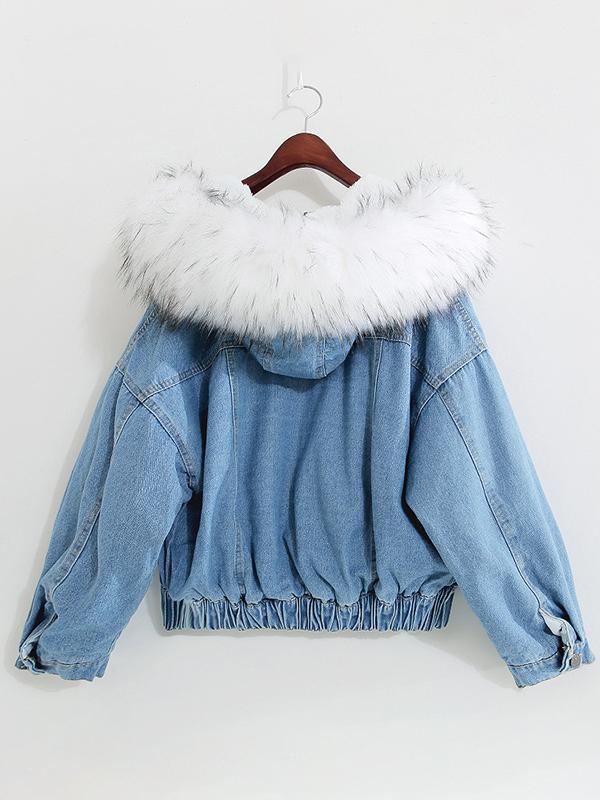 Seindeal Solid Pockets Fur Collar Long Sleeve Jacket Maternity Denim Coat