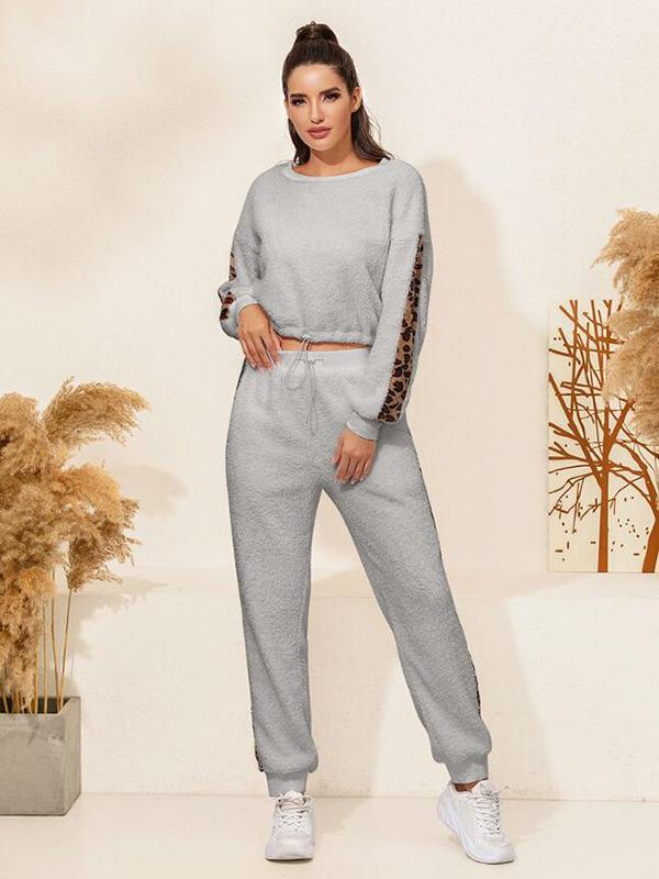 Seindeal Sports Sets Sweatshirt Leopard High Waist Pants Pajama Women