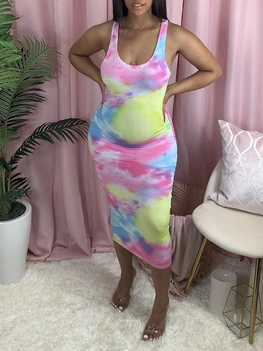 Tie Dye Fitted U-neck Sleeveless Maternity Casual Midi Dress