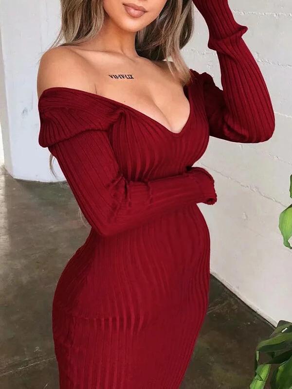 Solid Fitted Basic V-Neck Soft Sweater Maternity Midi Dress