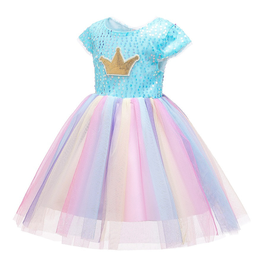 Seindeal Girls Crown Sequins Dress Summer Rainbow Tulle Grils' Dresses Kids Princess Dress for Cosplay Wedding Birthday Party Casual Outfits Clothing 2-10 Years