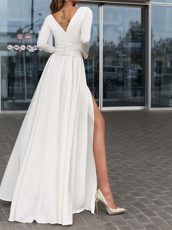 Seindeal White Draped Slit Backless Deep V-Neck Long Sleeve Party Women Elegant Maxi Dress Evening Dress