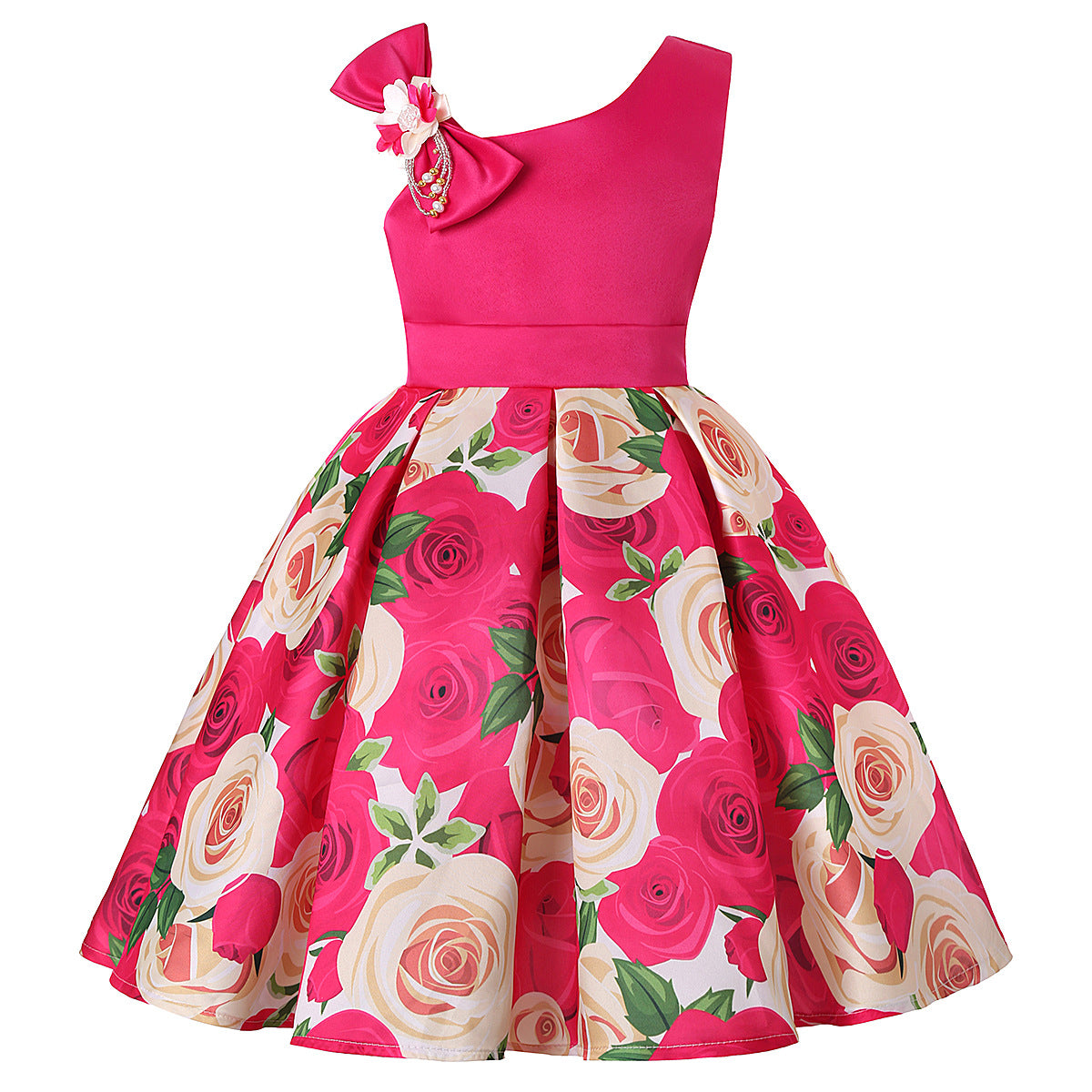 Girls Flower Dresses One Shoulder with Bowknot Princess Gown for Wedding Birthday Party 2-10Years