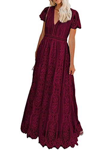 Seindeal Women's V Neck Floral Lace Wedding Dress Short Sleeve Bridesmaid Evening Party Maxi Dress