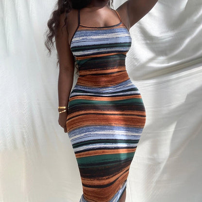 Spaghetti Strap Striped Hit Color Maternity Dress