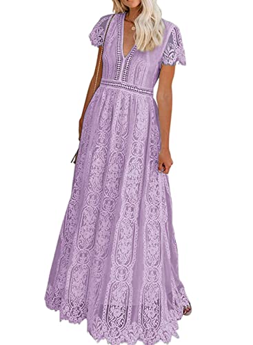 Seindeal Women's V Neck Floral Lace Wedding Dress Short Sleeve Bridesmaid Evening Party Maxi Dress