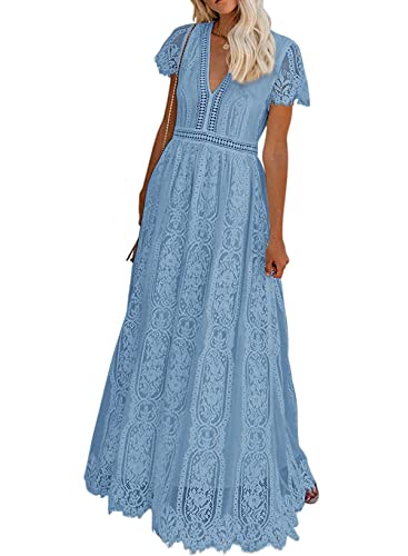 Seindeal Women's V Neck Floral Lace Wedding Dress Short Sleeve Bridesmaid Evening Party Maxi Dress