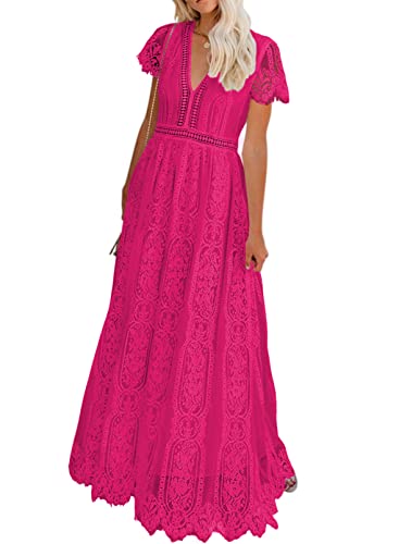 Seindeal Women's V Neck Floral Lace Wedding Dress Short Sleeve Bridesmaid Evening Party Maxi Dress