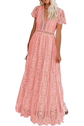 Seindeal Women's V Neck Floral Lace Wedding Dress Short Sleeve Bridesmaid Evening Party Maxi Dress