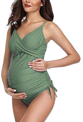 Solid Women's Maternity Swimsuit Retro Plum Wrap Front Tankini Summer Swimwear