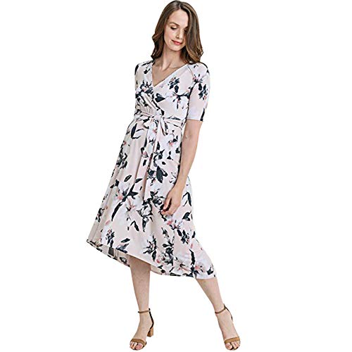 Women's Summer Floral Maxi Dress Waist Tie V Neck Irregular Hem Short Sleeve Photography Casual Maternity Dresses