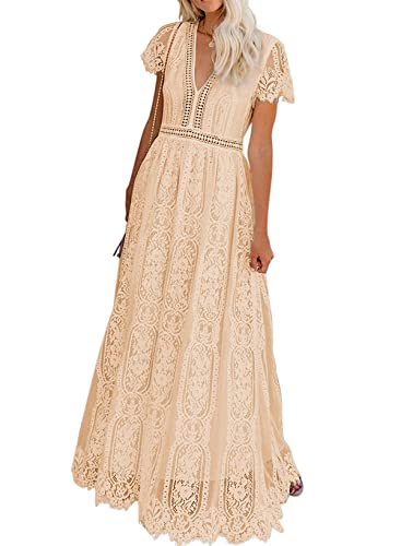 Seindeal Women's V Neck Floral Lace Wedding Dress Short Sleeve Bridesmaid Evening Party Maxi Dress