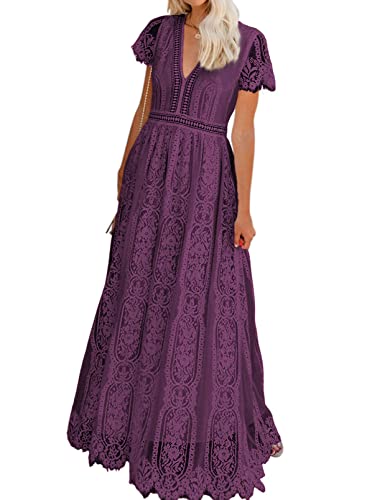 Seindeal Women's V Neck Floral Lace Wedding Dress Short Sleeve Bridesmaid Evening Party Maxi Dress