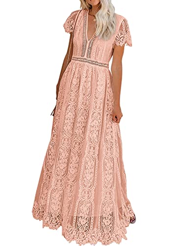 Seindeal Women's V Neck Floral Lace Wedding Dress Short Sleeve Bridesmaid Evening Party Maxi Dress