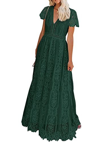 Seindeal Women's V Neck Floral Lace Wedding Dress Short Sleeve Bridesmaid Evening Party Maxi Dress