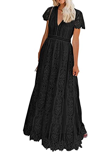 Seindeal Women's V Neck Floral Lace Wedding Dress Short Sleeve Bridesmaid Evening Party Maxi Dress