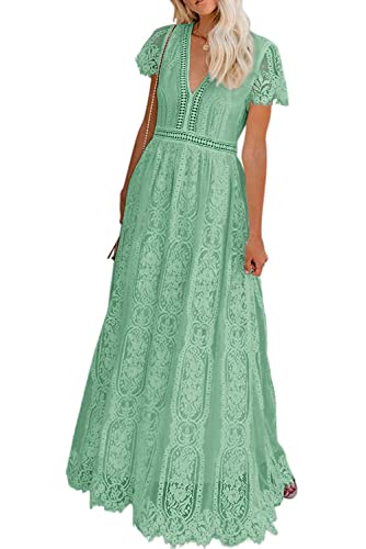 Seindeal Women's V Neck Floral Lace Wedding Dress Short Sleeve Bridesmaid Evening Party Maxi Dress