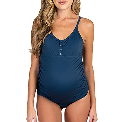 Summer Women Maternity Swimsuit One Piece Bathing Suit Button Neck Cross Back Swimwear