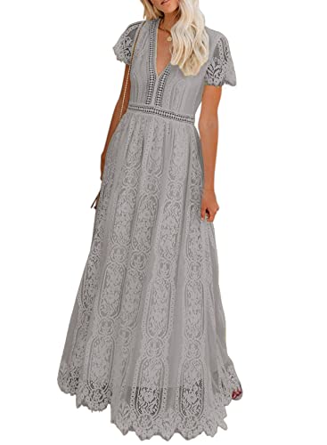 Seindeal Women's V Neck Floral Lace Wedding Dress Short Sleeve Bridesmaid Evening Party Maxi Dress