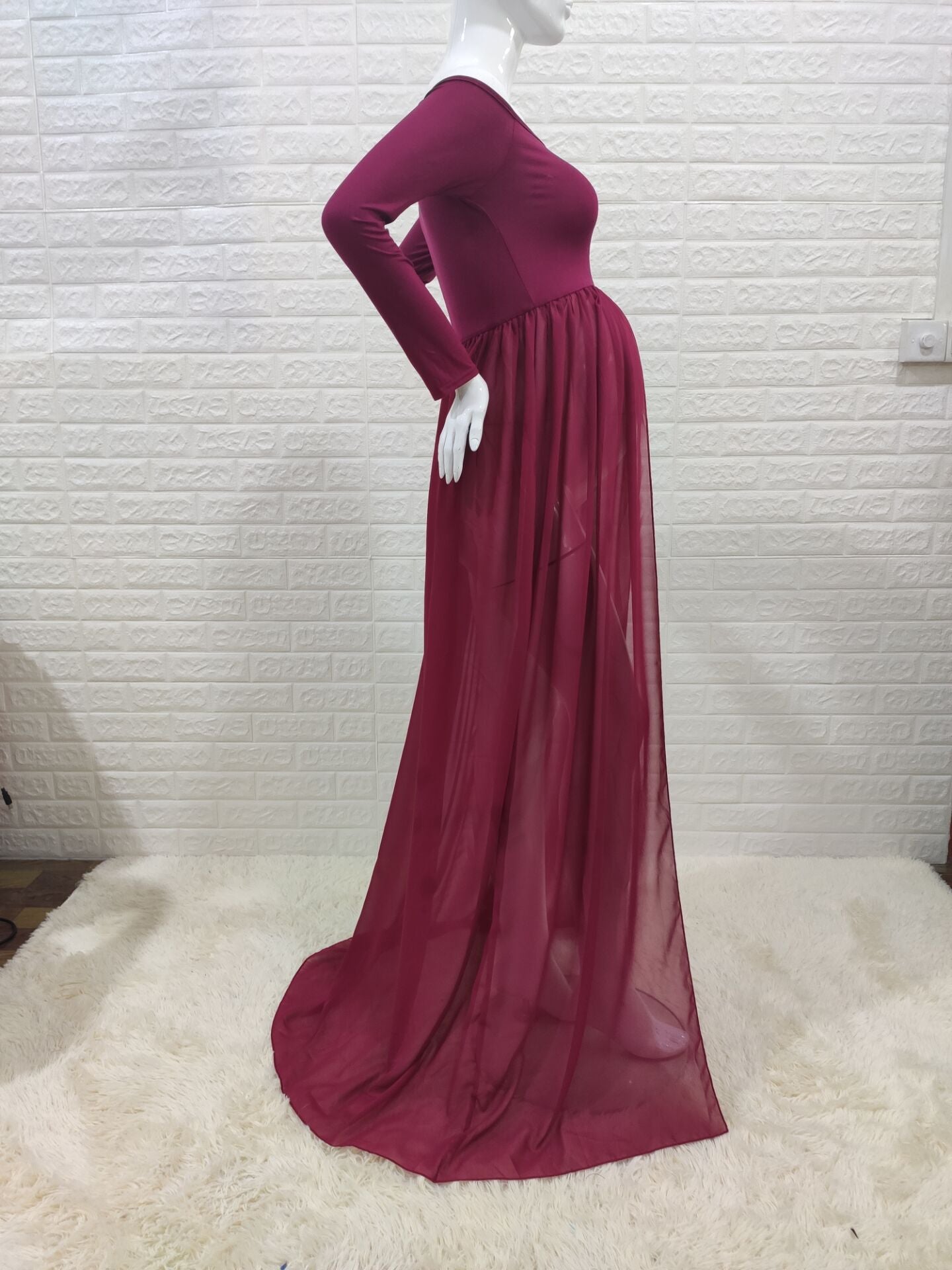 Seindeal Chiffon Draped Off-shoulder Long Sleeve Elegant Maternity Maxi Dress