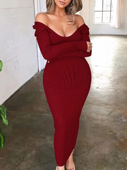 Solid Fitted Basic V-Neck Soft Sweater Maternity Midi Dress