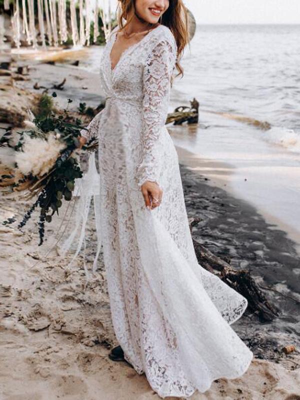 White Lace Backless V Neck Long Sleeve Women Maxi Dresses Wedding Dress Evening Dress Lace Dress