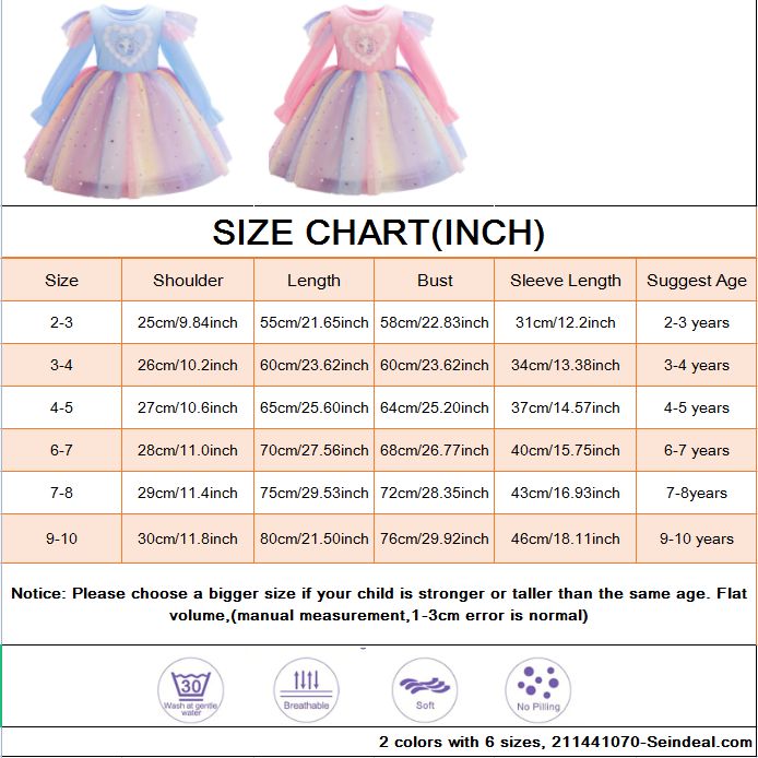 Seindeal Unicorn Kids Dress Rainbow Tulle Princess Long Sleeve Pear Beaded for Birthday Party Casual Outfits Clothing 2-10 Years