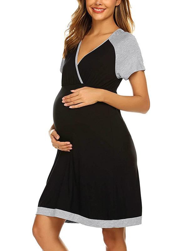 Seindeal Draped V-neck Short Sleeve Maternity Nursing Pajama Mini Dress