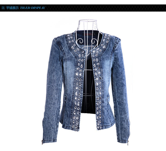 Seindeal Jeans jacket with rhinestones transition jacket retro sequins women fashion