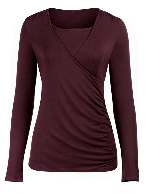 Solid Round Neck Draped Long Sleeve Nursing Maternity T-Shirt