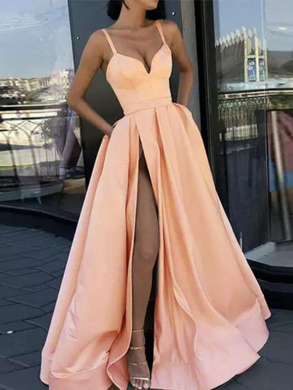 Draped Spaghetti Straps V-Neck Slit Elegant Maxi Dress Evening Dress