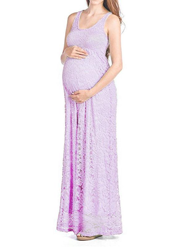 Seindeal White Lace Maternity Dress for Photoshoot Pleated Sleeveless Maxi Bridesmaid Dress