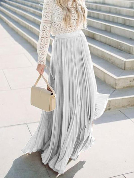 Gray Pleated High Waist A-Line Elegant Bohemian Skirt Long Party Pleated Skirt Maxi Skirt Beach Skirt