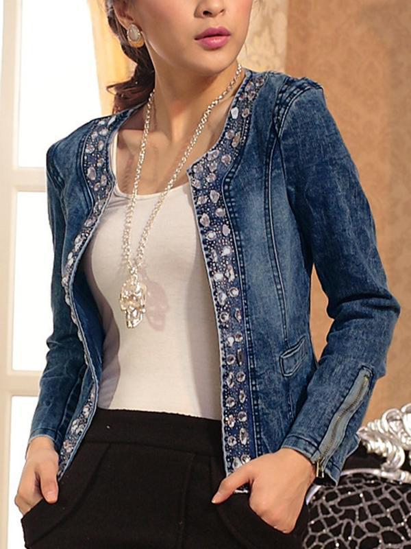 Seindeal Jeans jacket with rhinestones transition jacket retro sequins women fashion