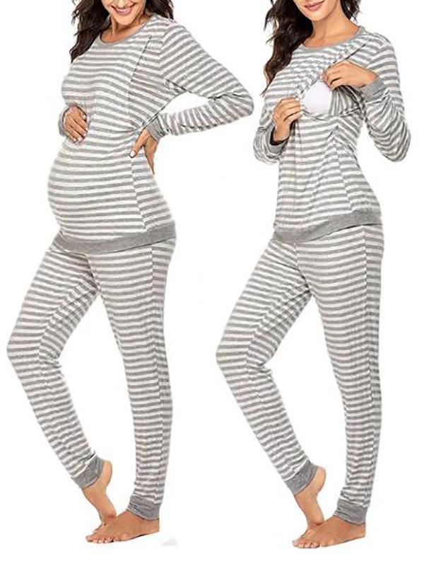 Striped Round Neck Long Sleeve Nursing Maternity Long Pajama Set