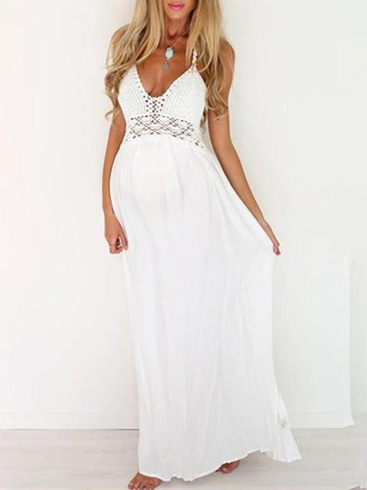 Lace Patchwork Halter Neck Backless Baby Shower Maternity Chiffon Maxi Dress