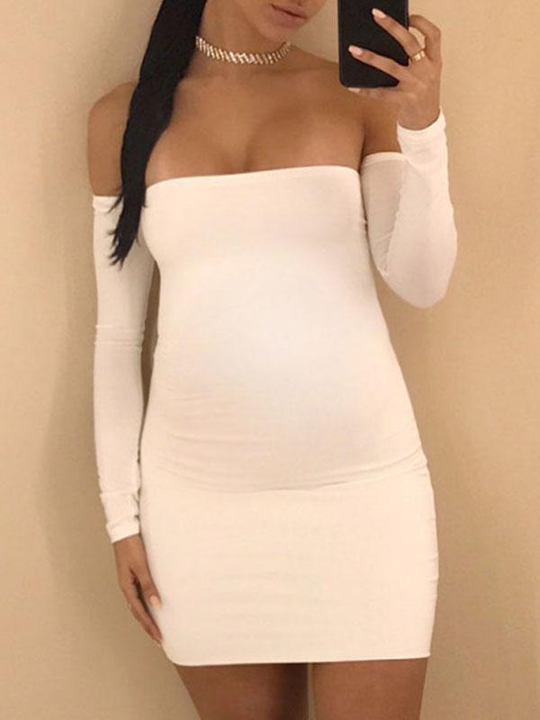 Solid Off Shoulder Fitted Long Sleeve Casual Maternity Mini Dress