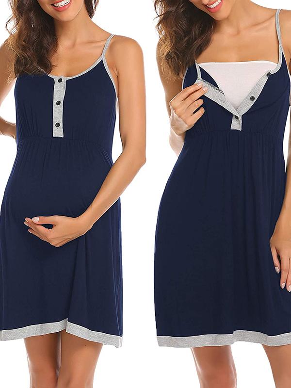 Buttons Spaghetti Strap Maternity Nursing Pajamas Casual Mini Dress