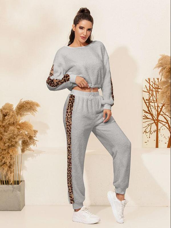 Seindeal Sports Sets Sweatshirt Leopard High Waist Pants Pajama Women