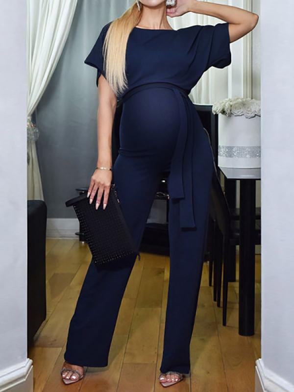 Seindeal Solid Wide Leg Palazzo Pants Belt One Piece Long Maternity Jumpsuit for Workwear