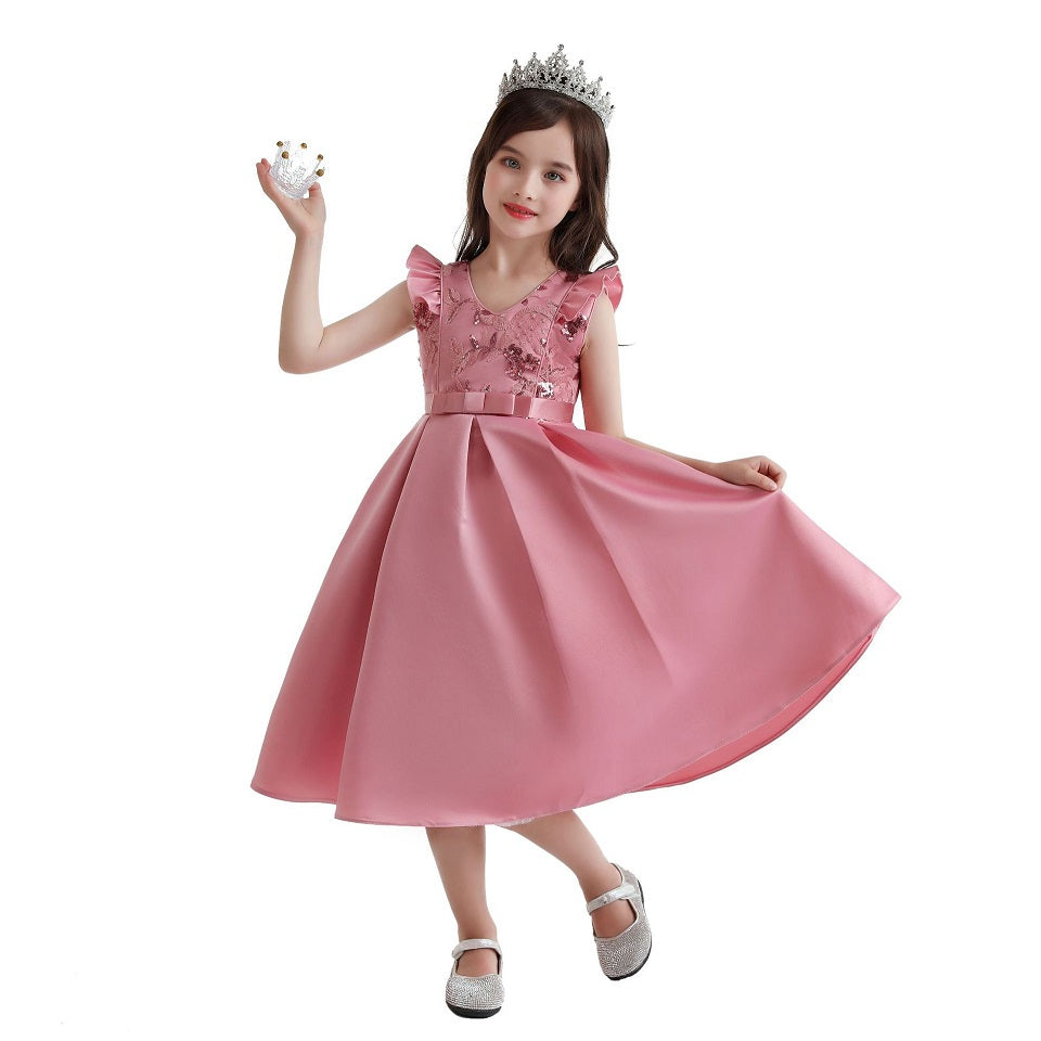 Girls Classical Dresses Sequin Elegant Puff Sleeve Ruffles for Kids Wedding Party Birthday 2-10Years