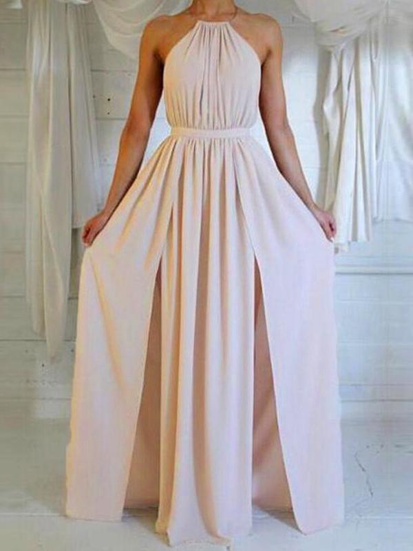 Solid Color Cut Out Slit Round Neck Sleeveless A-Line Maxi Dress Women Mod Elegant Dress