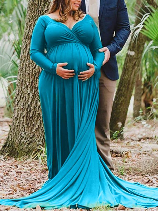 Off Shoulder Pleated Long Sleeve Babyshower Maternity Maxi Dress