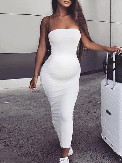 Solid Bandeau Fitted Maternity Casual Maxi Dress