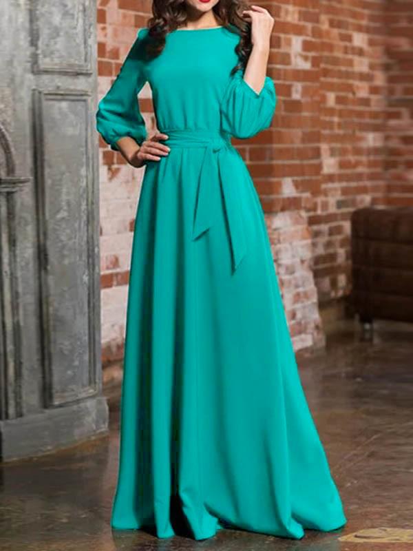 Green Solid Color Pleated Belt Round Neck 3/4 Sleeves Women Maxi Dresses Elegant Dress Party Dress