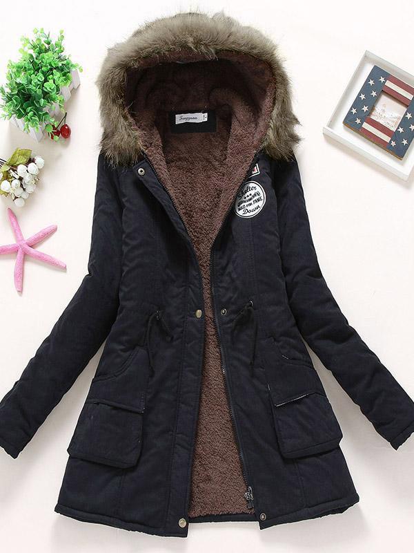 Fur Hooded Badge Pockets Long Sleeve Maternity Fluffy Coat