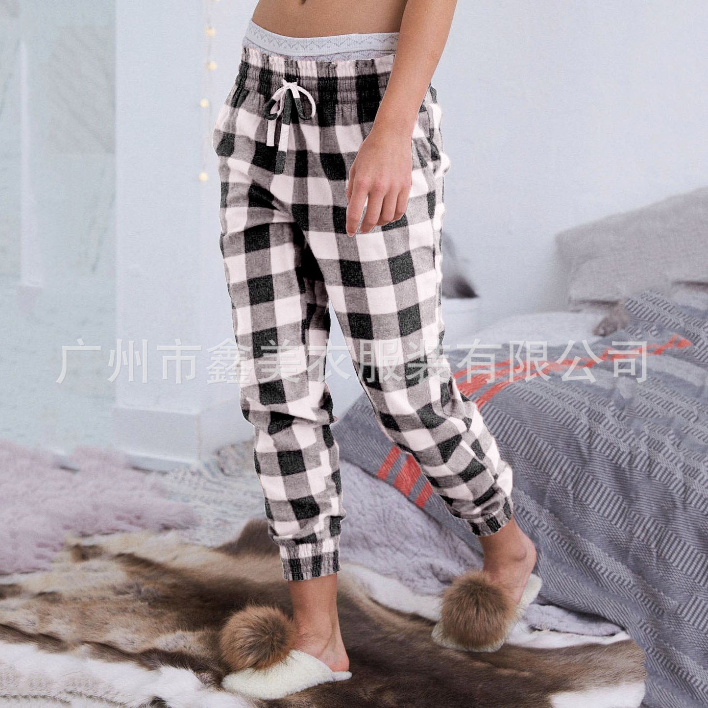 Seindeal Red-Black Plaid Drawstring Maternity Long Pajama Trousers Grid