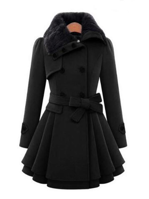 Double Breasted Faux Fur Turndown Collar Peplum Plus Size Wool Coat