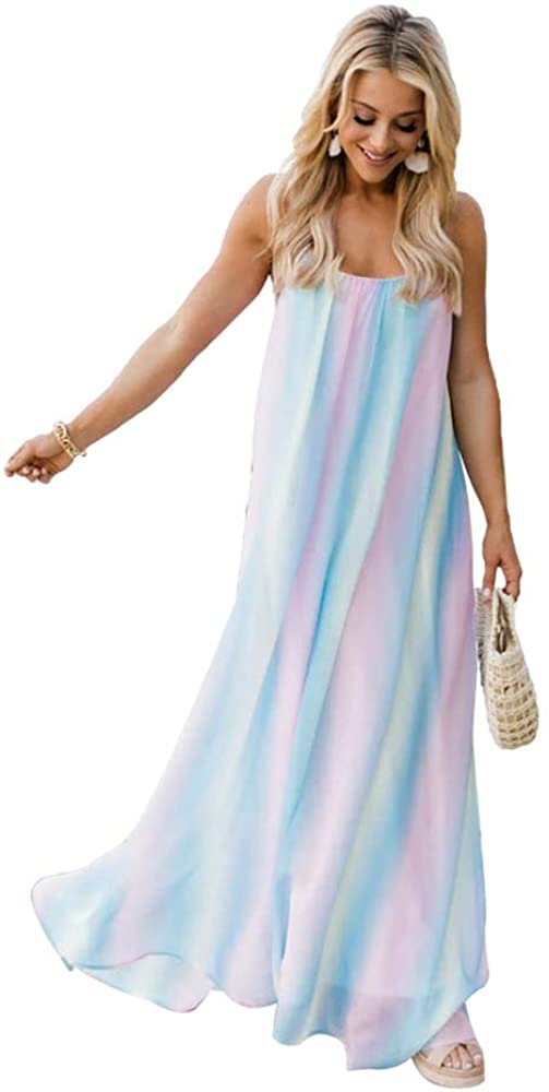 Boho Summer Dress for Women Casual Style Loose Spaghetti Strap Maxi Flowy Sun Dress with Pockets for Beach