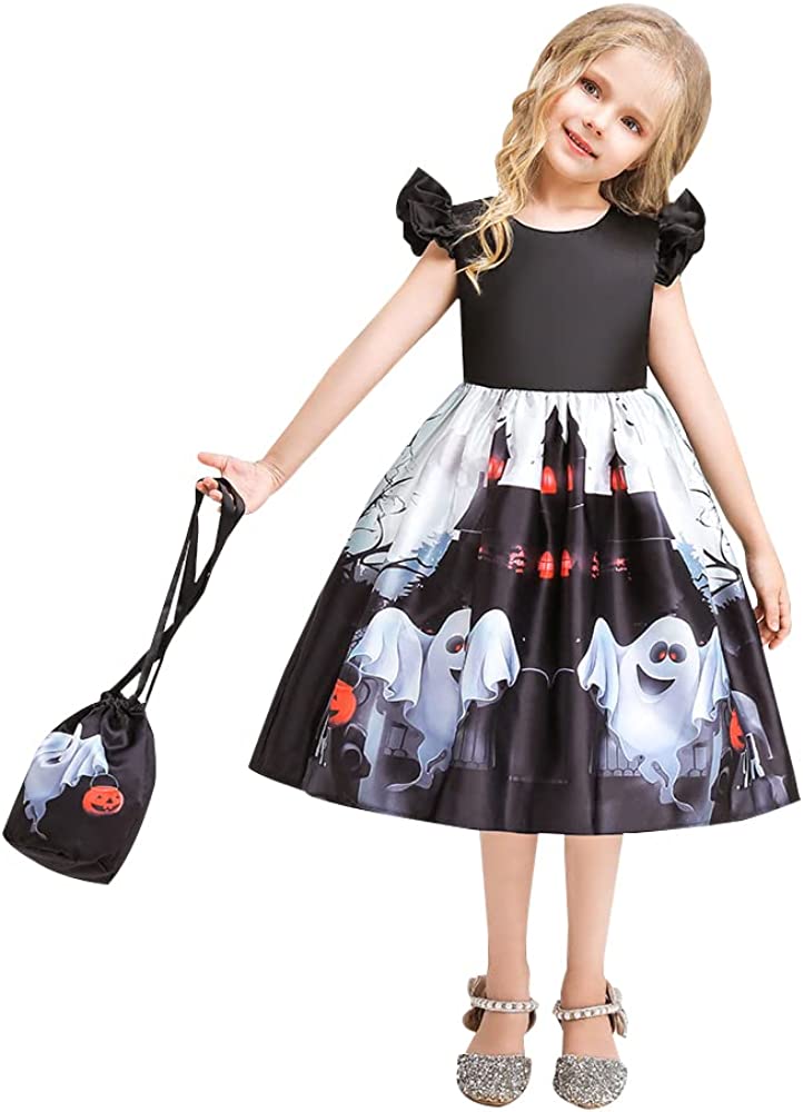 Seindeal Girls Fancy Pumpkin Devils Witch Printing Halloween Costume Festival Party Dress for 2-9 Years Toddler Girls